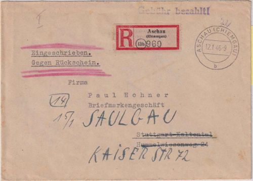 All.Bes. - Aschau 12.1.46 L1 Gebühr bezahlt Einschreibebrief gg. Rückschein