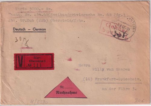 FZ - Idar-Oberstein 5.4.47 Ra2 Gebühr bezahlt Nachnahme-Wertbrief n. FFM