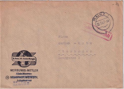 FZ - Mainz 25.7.47 Ra1 Gebühr bezahlt Brief/Nachbarortsverkehr n. Wiesbaden