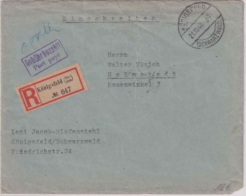 FZ - Königsfeld (Baden) 21.10.46 Ra2 Gebühr bezahlt/Port paye Einschreibebrief