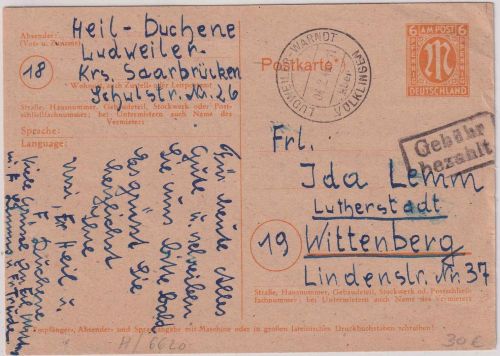 Saar - Ludweiler-Warndt ü Völklingen 4.2.46 Ra2 Gebühr bezahlt Formularaufbrauch