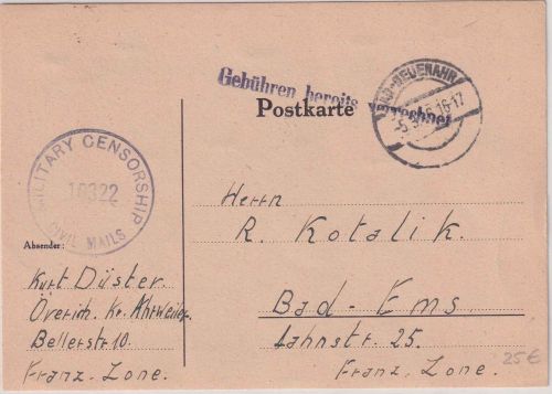 FZ - Bad Neuenahr 5.3.46 L1 "Gebühren bereits verrechnet" Karte n Bad Ems Zensur