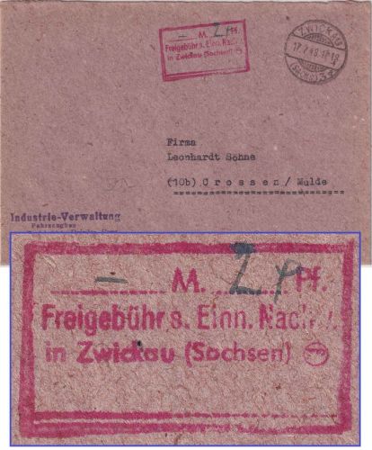 SBZ - Zwickau 3 17.7.48 sehr seltener Einnahmenachweis Ra3 Brief n. Grossen