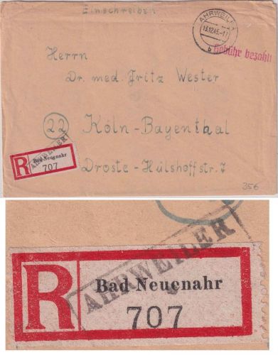 FZ - Ahrweiler 13.12.45 L1 Gebühr bezahlt Einschreibebrief (R-Zettel !!) n. Köln