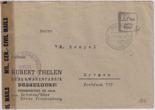 All.Bes. - Doderau ü. Frankenberg Ra3 Gebühr bezahlt Zensurbrief n. Bremen