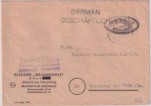 All.Bes. - Mannheim-Rheinau 9.12.45 ovaler Stpl. Gebühr bezahlt Brief