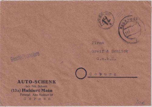 All.Bes. - Hassfurt 24.10.45 12 Pfg. Gebührenstempel Geschäftspapiere n. Coburg