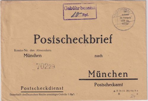 FZ - Oberreitnau 24.8.47 Ra2 Gebühr bezahlt Postscheckbrief n. München