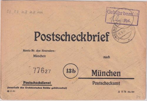 FZ - Lindenberg 11.9.47 Ra2 Gebühr bezahlt Postscheckbrief n. München