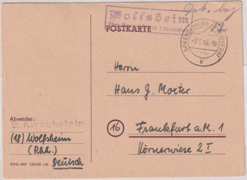 FZ - Wolfsheim ü. Sprendlingen 9.5.46 handschtr. Gebühr bezahlt Vermerk a. Karte