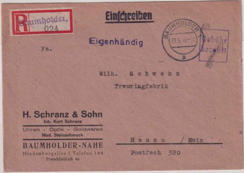 All.Bes. - Baumholder 30.5.46 Ra2 Gebühr bezahlt Einschreibebrief/Eigenhändig
