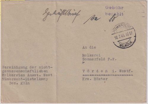 All.Bes. - Nümbrecht 10.7.45 L2 Gebühr bezahlt Geschäftsbrief n. Vörden