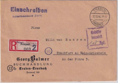 FZ - Traben-Trarbach 17.10.46 Ra3 Gebühr bezahlt Einschreibebrief n. FFM