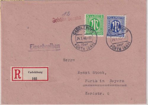 AM-Post - Cadolzburg ü. Fürth 24.1.46 Teilbarfrankatur Einschreibebrief n. Fürth