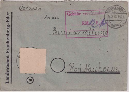 All.Bes. - Frankenberg 19.9.45 roter Ra3 "Gebühr vereinnahmt" Brief