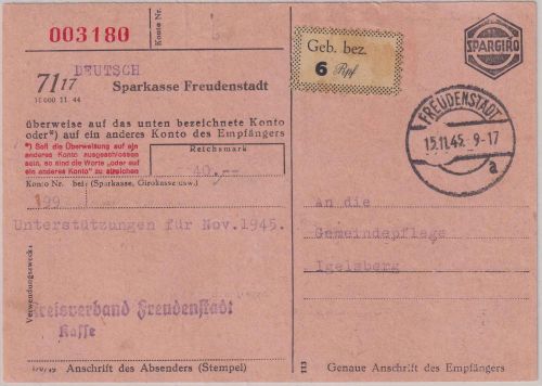 FZ - Freudenstadt 15.11.45 6 Pfg. Gebührenzettel Girokarte n. Igelsberg