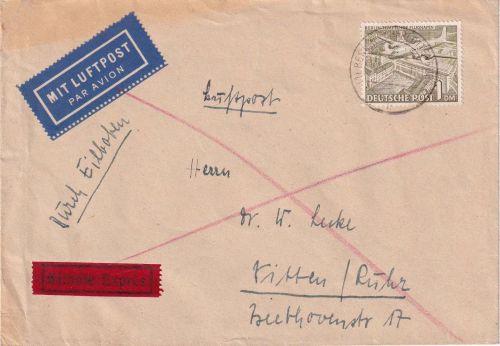 Berlin - 1 DM Bauten I Luftpost-Eilbrief Charlottenburg - Witten 30.6.49