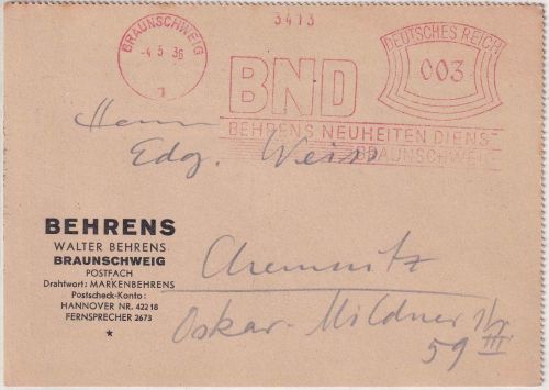 DR - Braunschweig 1936 3 Pfg. AFS Behrens Neuheiten Dienst Drucksachenkarte