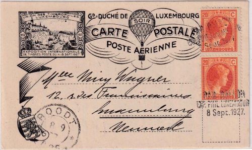 Luxemburg - Par Ballon Exp. Philatelique illustr. Ballonpostkarte 8. Sept. 1927