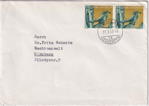 Liechtenstein - 2x20 Rp. Sport/Bergsteiger Brief Schaan - Nürnberg 1955