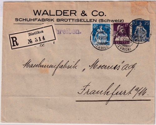 Schweiz - 25+15 Rp. Privatganzsache+Zusatz Einschreibebrief Dietlikon - FFM 1923