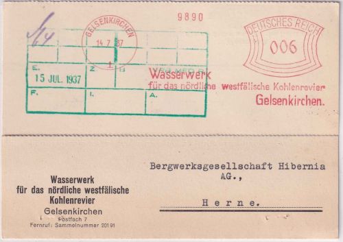 DR - Gelsenkirchen 1937 6 Pfg. AFS "Wasserwerk" Karte n. Herne - Text !