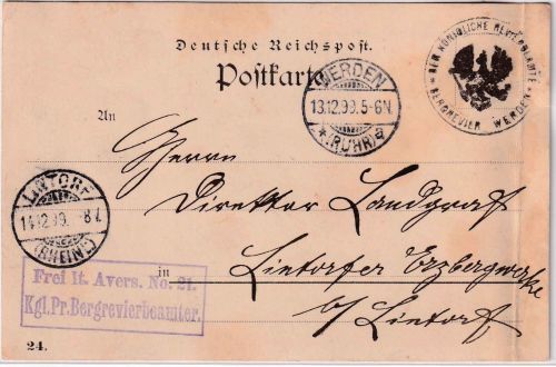 DR - Werden 1899 Frei lt. Avers No. 21 Kgl. Pr. Bergrevierbeamter Karte