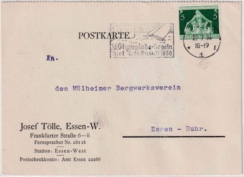 DR - 5 Pfg. Gemeindekongress Ortskarte Essen 1936 Masch.stpl. Olympiade-Segeln