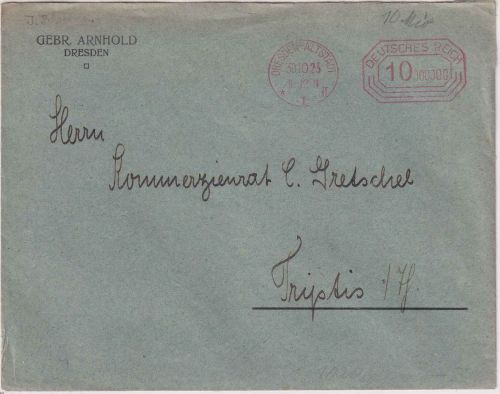 DR-Infla - Dresden 30.10.23 10 Mio. Postfreistempel Drucksachenbrief n. Triptis