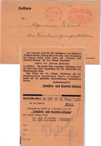 DR-Infla - Berlin SW68 18.10.23 1.000.000 M Postfreistempel Ortsdrucksachenkarte