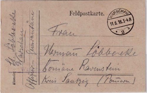 DP Polen - Offizier-Quarantäne Ra3 Feldpostkarte Warschau - Ravenstein 1918