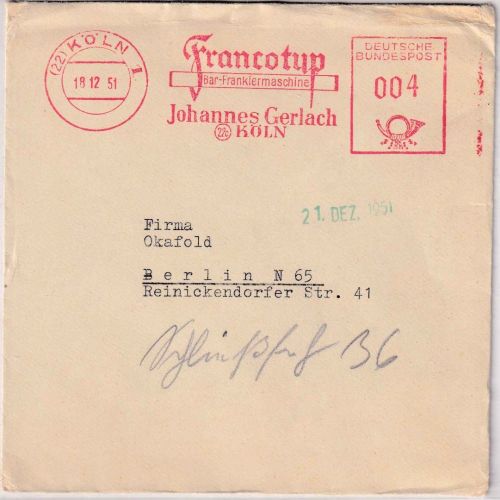 BRD - Köln 1951 4 Pfg. AFS "Francotyp" Drucksachenbrief n. Berlin