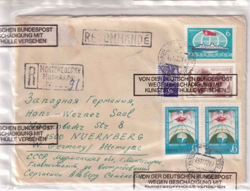 Sowjetunion - Montschegorsk 1972 Einschreibebrief - beschädigte Post n. Nürnberg