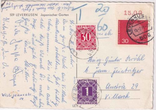BRD - 30 Pfg. Europa Oberrand Karte n. ÖSTERREICH Leverkusen 1971 Nachporto
