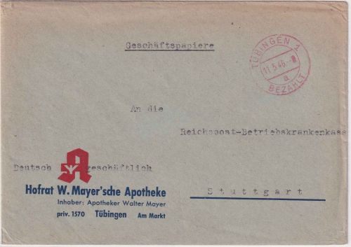 All.Bes. - Tübingen Bezahlt 11.5.46 Geschäftspapiere n. Stuttgart