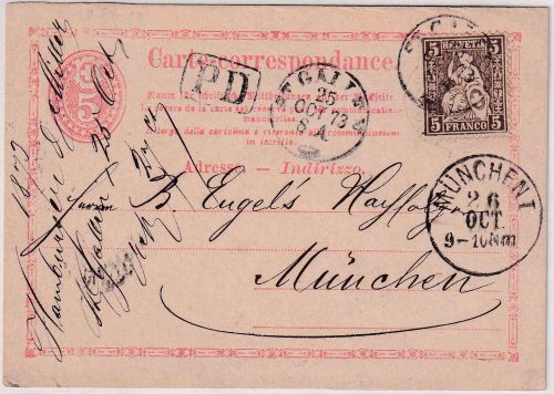 Schweiz - 5 Rp. Ganzsache+5 Rp. sitz. Helvetia St. Gallen - München 1873