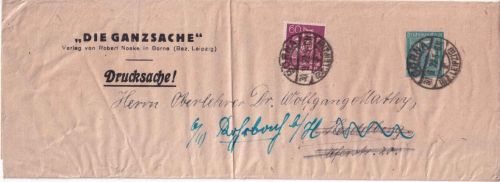 DR-Infla - 15 Pfg. Ziffer Privatganzsache+Zusatz Streifband Borna 1920