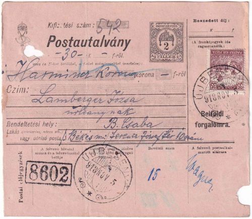 Ungarn/Rumänien - 2 F Ganzsache+35 F Zusatz Postanweisung Újbesenyő - Csaba 1918