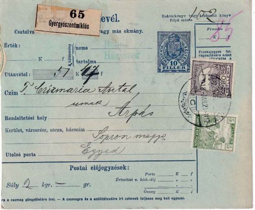 Ungarn/Rumänien - 10 F. Ganzsache+Zusatz Paketkarte Gyergyószentmiklós 1918