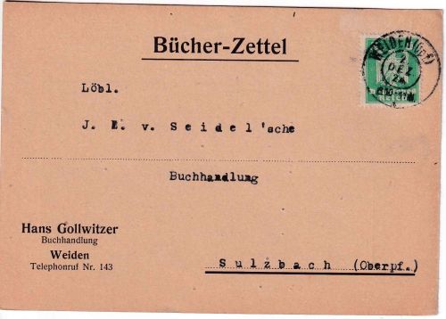 DR - 5 Pfg. Adler Bücherzettel Weiden - Sulzbach 1924