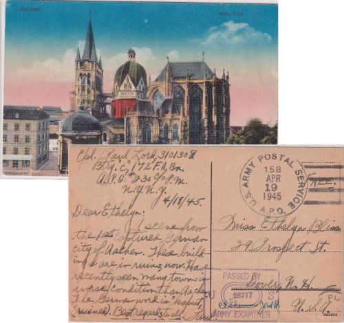 All.Bes. - APO 158 19. APR 1945 AK Aachen/Feldpost n. USA (Dover)