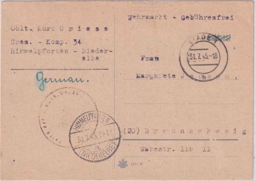 All.Bes. - Dienstgruppenpost gebührenfreie Karte Stade - Braunschweig 31.7.45
