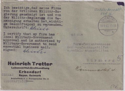 All.Bes. - Erbendorf 10.9.45 hds. Gebühr bezahlt Brief zweispr Zulassungsvermerk