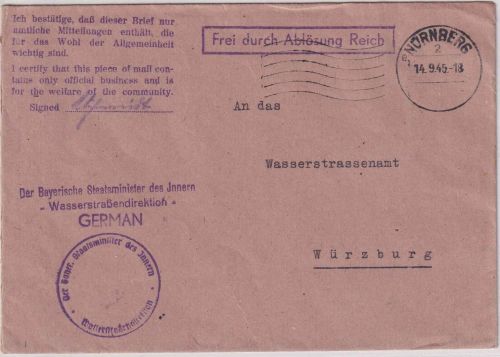 All.Bes. - Nürnberg 2 14.9.45 Frei d. Ablösung Brief zweispr. Zulassungsvermerk