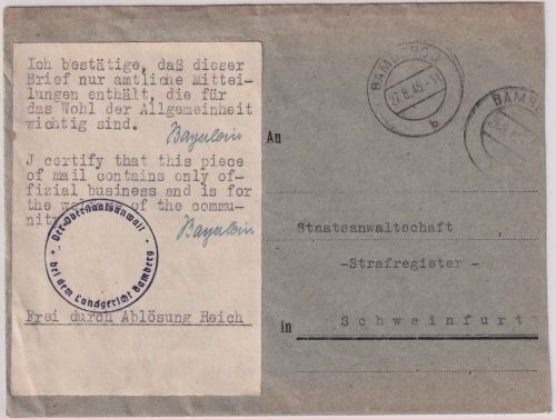 All.Bes. - Bamberg 27.8.45 Frei d. Ablösung Brief zweispr. Zulassungsvermerk