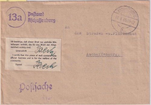 All.Bes. - Aschaffenburg 11.8.45 Ortsbrief/Postsache zweispr. Zulassungsvermerk
