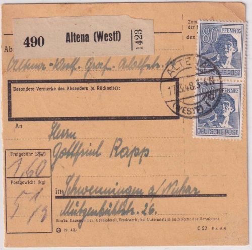 All.Bes. - 2x80 Pfg. Arbeiter Paketkarte Altena - Schwenningen 17.3.48