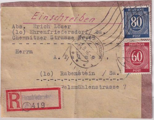 All.Bes. - 60+80 Pfg. Ziffer Einschreibe-Päckchen (Vds.) Ehrenfriedersdorf 1946