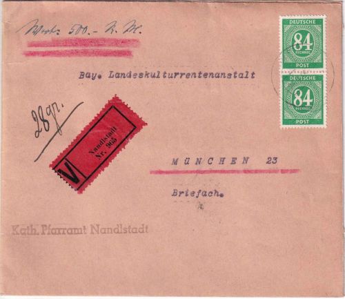 All.Bes. - 2x84 Pfg. Ziffer Wertbrief (500 RM/28g) Nadlstadt - München 24.8.46