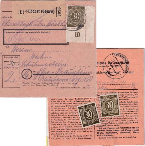 All.Bes. - 3x30 Pfg. Ziffer Paketkarte Höchst - Frankfurt a/M Praunheim 27.11.46